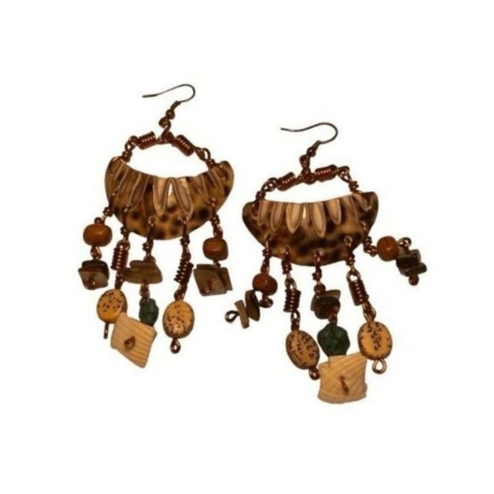 Y2K Beaded Sea Shell Earrings Bronze Tone Metal Dangle Coastal Tropical Tribal